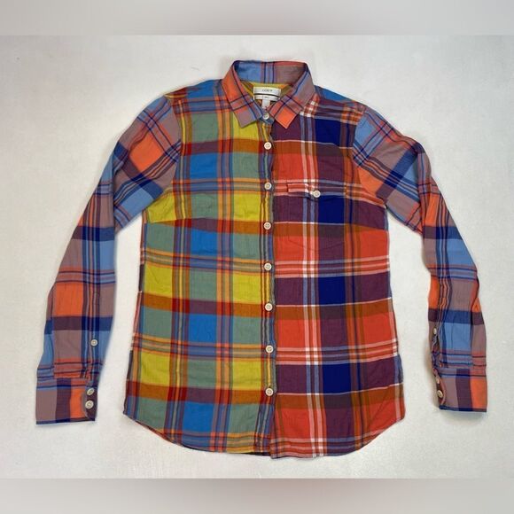 J. Crew Tops - J Crew Boy Plaid Button Up Shirt Women Size 0 Multicolor Long Sleeve 02854